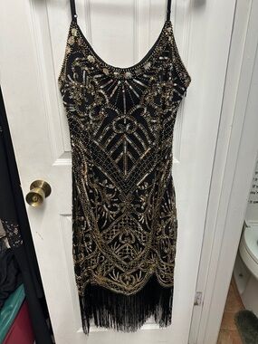 Black & Gold Beaded Fringe Mini Dress